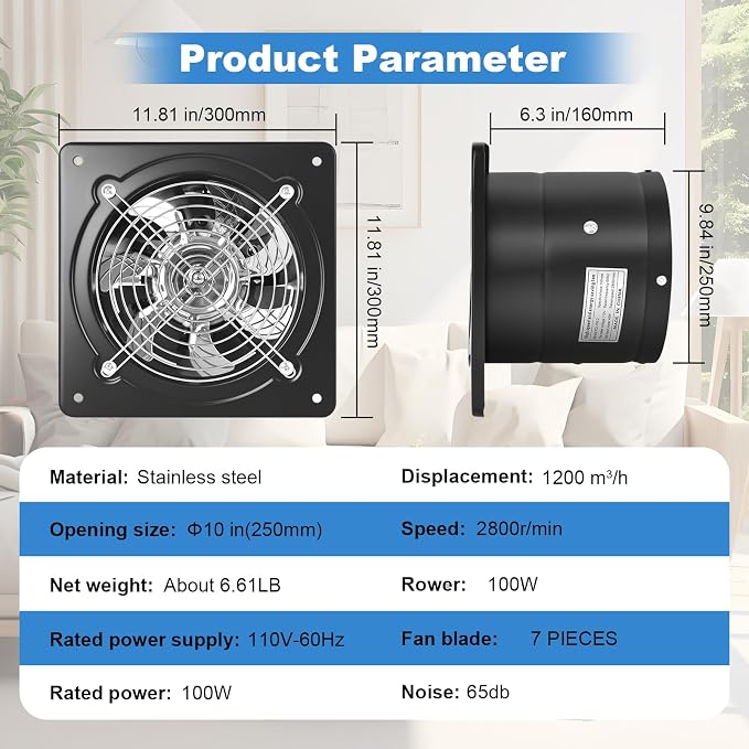 10-inch wall-mounted kitchen metal exhaust fan with switch, 382-576CFM, portable installation, with return air valve, suitable for attic, garage, bathroom, office, basement ventilation,Black