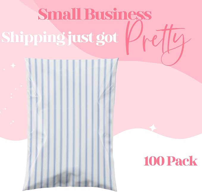 Pretty Package Store 6x9 Designer Poly Mailer 100 Pack Heavy Duty Waterproof Self Seal Shipping Bags for Small Business Large Mailing Envelopes Bulk Tear Resistant Packaging Blue Stripe