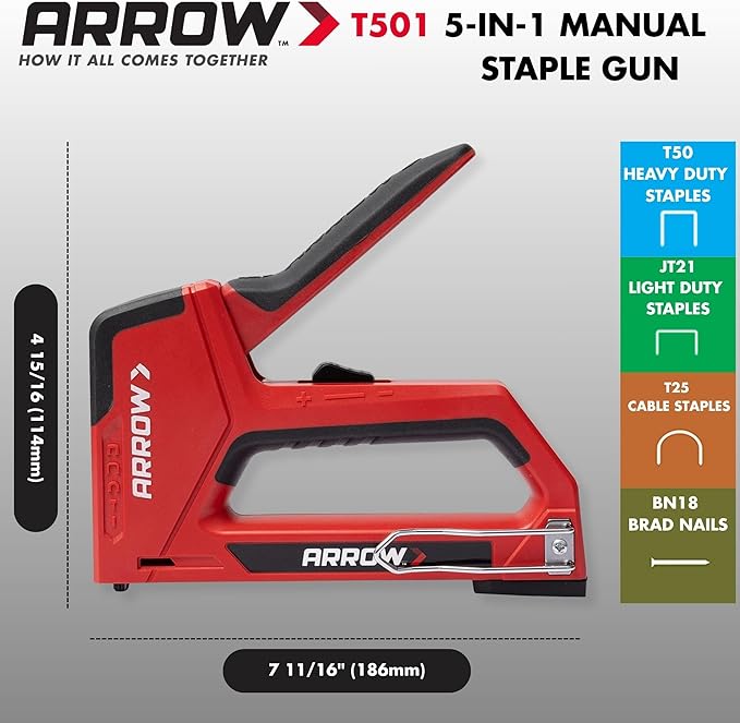 Arrow T501 5-in-1 Manual Staple and Nail Gun, Wire Stapler, and Brad Nailer for Wood, Upholstery, Construction, Insulation, Crafts, Fencing, and Cable, Black/Red