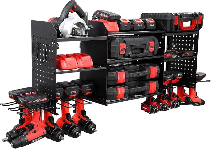 Large Power Tool Organizer Wall Mount with Charging Station, Heavy Duty Cordless Drill Holder, Garage Tool Storage Battery Rack with 8 Outlet, Gift for Men Husband Dad Birthday Anniversary Black