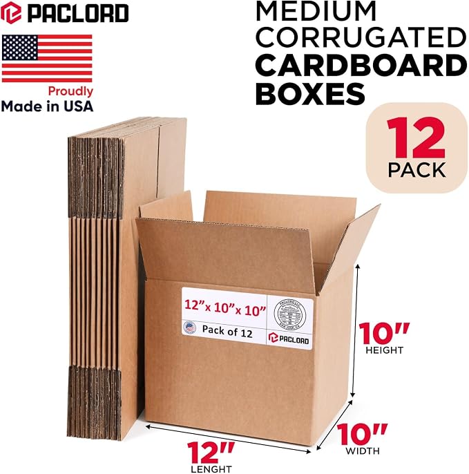 Medium Cardboard Boxes 12"L x 10"W x 10"H (Pack of 12) - USA-Made Packing Boxes for Moving, Shipping, or Storage - USPS, UPS, FedEx Approved - Professional Packing Supplies for Moving | USA-Made Packing Boxes for Moving, Shipping, or Storage - USPS, UP...