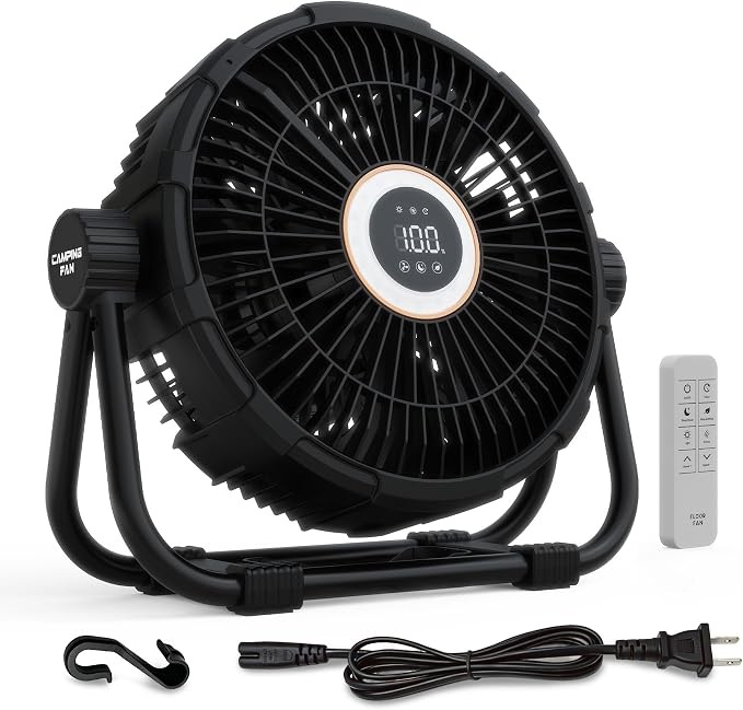 10" Plug-in Portable Camping Fan, Floor Fan with Stepless Speed, LED Light, Remote Control, 270° Rotation & 1-12h Timer for Indoor Bedroom Office & Outdoor Camping, Tent, RV