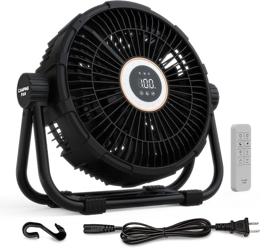 10" Plug-in Portable Camping Fan, Floor Fan with Stepless Speed, LED Light, Remote Control, 270° Rotation & 1-12h Timer for Indoor Bedroom Office & Outdoor Camping, Tent, RV