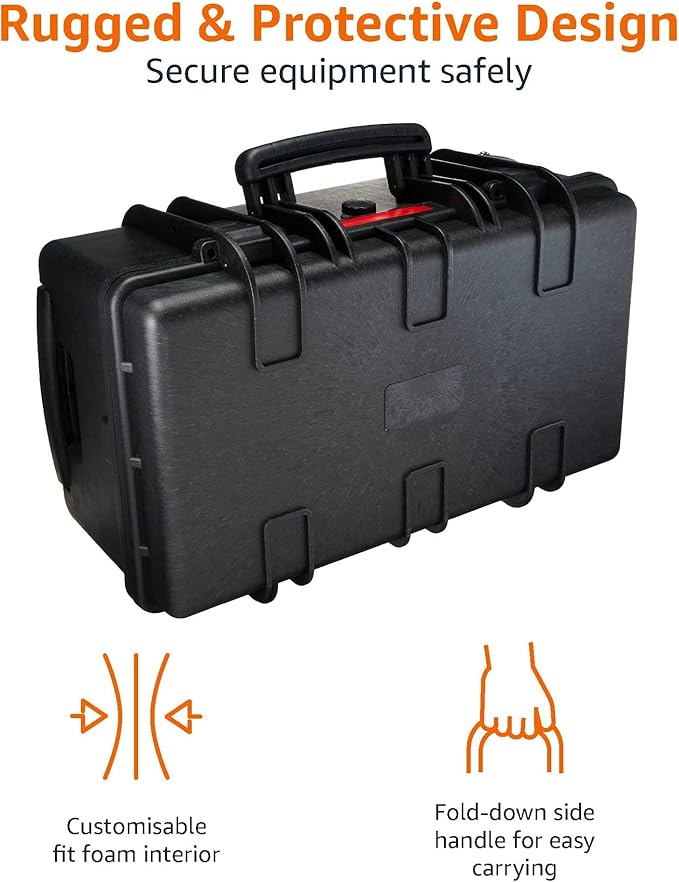 Amazon Basics Hard Protective Camera Case with Wheels, Large, Black, 22"L x 14"W x 9.8"H