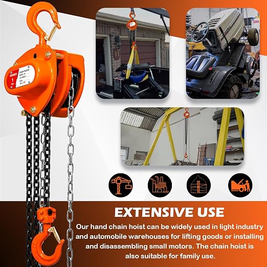 YATOINTO Chain Hoist 1 Ton(2200 Lbs) Capacity 20 FT Manual Hand Lift Steel Chain Block Hoist with 2 Heavy Duty Hooks Industrial Grade Steel Structures for Garages Automotive Machinery