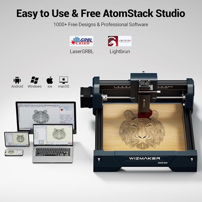 WIZMAKER Wand MINI 3.5W Laser Engraver, Beginner DIY Wood, Leather, Paper, MDF, Acrylic Engraving Machine, 135×145mm, WiFi/USB/Hotspot, LaserGRBL 3500mW