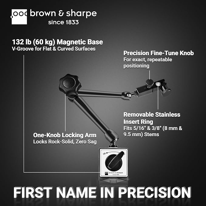 Brown & Sharpe Industrial-Strength Adjustable Magnetic Base Stand for Digital Dial Indicator, Heavy Duty Dial Gage Holder with Swivel clamp, Fine Adjustment, Quick Release