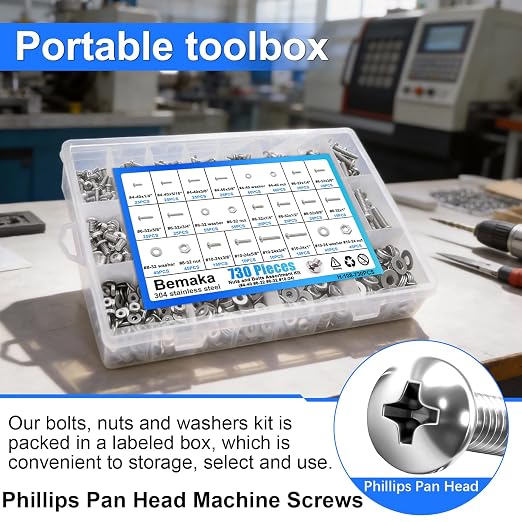 730Pcs Machine Screws Nuts and Bolts Assortment Kit, 304 Stainless Steel Bolts 16 Sizes #4-40#6-32#8-32#10-24 Phillips Pan Head Hardware Screws Assortment Kit with Nuts and Washers