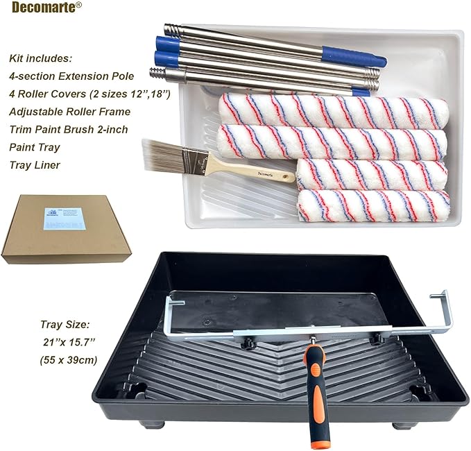Paint Roller Kit with Extension Pole Adjustable Frame 12 Inch 18 Inch Microfiber Covers, Extra-Large Stain Roller Brush Tray Liner Set for Walls Ceilings Interior Exterior Painting