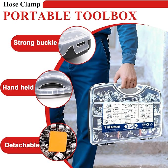 Tnisesm 158Pcs Mini Fuel Injection Hose Clamps Adjustable 7-34mm 14 Sizes Fuel Line Clamps Assortment Kit,Hoses Clamps Sleeving,for Automotive Diesel Petrol Pipe with Socket Spanner