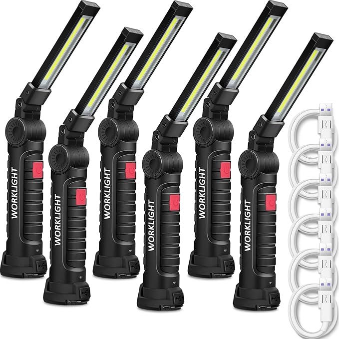 Mudder 6 Pcs Rechargeable LED Work Light Tool Gifts for Him with Magnetic Base 360° Rotate 5 Modes Flashlights for Car Repair Outdoor(Black)