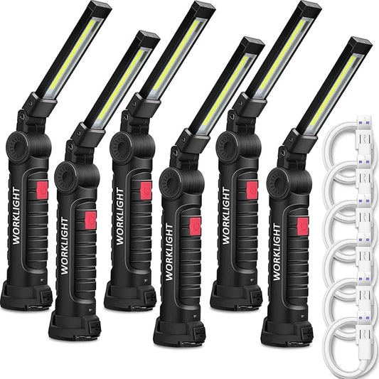 Mudder 6 Pcs Rechargeable LED Work Light Tool Gifts for Him with Magnetic Base 360° Rotate 5 Modes Flashlights for Car Repair Outdoor(Black)