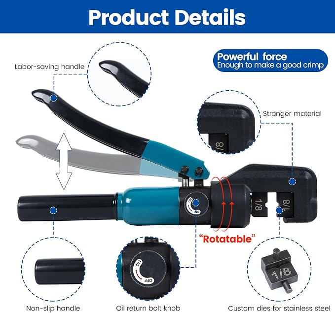 Muzata Custom Cable Railing Crimping Tool Hydraulic Crimper Hydraulic Crimping Tool for 1/8" Stainless Steel Cable Railing Kit Wire Rope Swaging Kit CR09