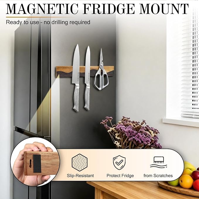 MEN WITH THE POT Magnetic Knife Strips, 16 Inch Magnetic Knife Holder for Fridge Wall, Acacia Wood & Black Resin Knife Magnetic Strip Use as Knife Bar, Knife Holder for Kitchen Utensil Organizer