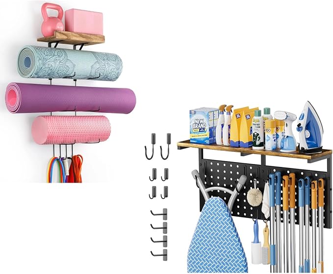 VINAEMO Wall Mounted Ironing Board Hanger with Pegboard and Yoga Mat Holder