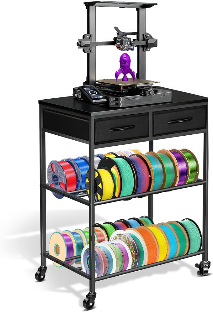 3D Printer Filament Storage Rack with Drawers, 3Tier Metal Filament Spool Holder with Wheels, 3D Printer Filament Stand for PLA/ABS/TPU/Nylon, Filaments Organzied for Workshop Studio Office, Black