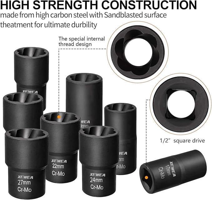 XEWEA 15PCS 1/2" Drive Lug Nut Removal Tools, Striped Wheel Lock Removal Kit Easy Out Twist Socket Extractor Set for Damaged, Frozen, Rusted, Rounded-Off Bolts Nuts & Screws