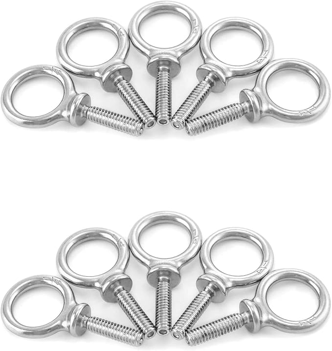 QWORK Eye Bolt, 10 Pack 1/4" - 20 x 1" Marine Grade Stainless Steel Lifting Ring Threaded Eyebolts