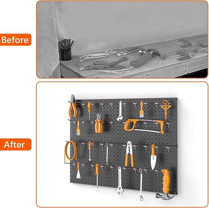 TORACK Metal Pegboard Panels and Hooks for Garage, Workbench, Shop, Shed Tool Organizer Peg Board with 1/8" & 1/4" Holes, Modular Wall-Mounted Pegboard with Pegboard Hooks(Black)