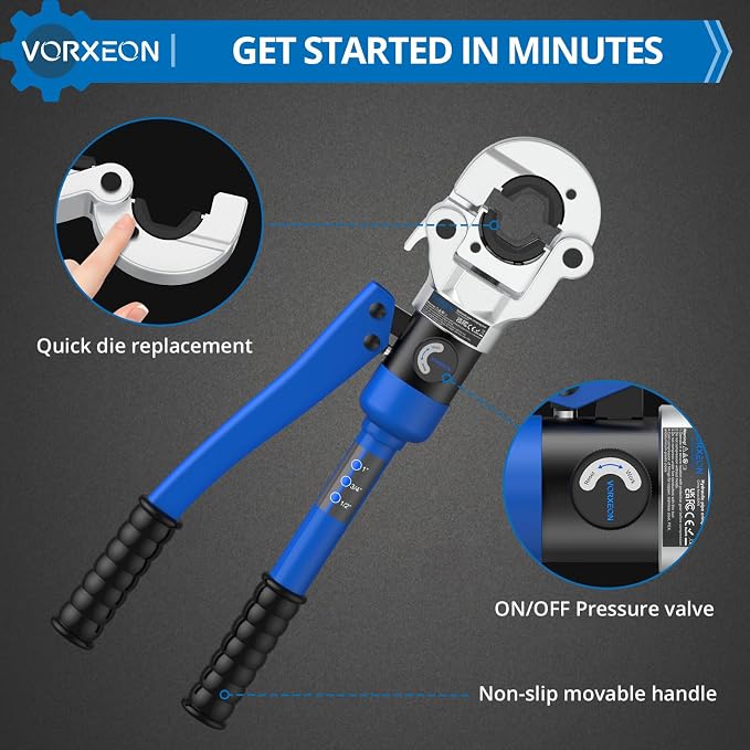 Copper pipe Pro press crimper 8 Ton Hydraulic Tube Fittings Crimping Tool with Vus Dies 1/2", 3/4", 1", 360° Rotating Head Storage Case For Plumbers, Electricians, HVAC Techs