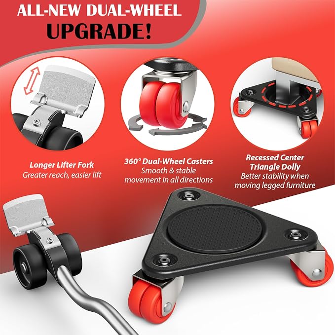 Triangle Furniture Movers with 6-Wheel Dollies, Heavy Duty Tri-Dolly Set with Furniture Lifter, Non-Slip Pads, Up to 3000 lbs Load Capacity