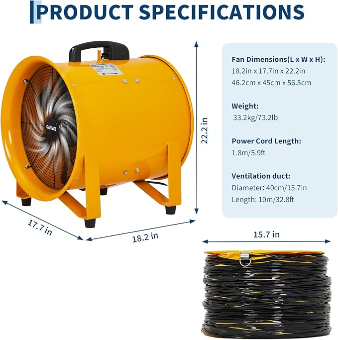16 Inch Air Mover Blower Fan, 5500 CFM Heavy Duty Industrial Exhaust Fan 2-Speed Adjustable with 32.8 ft Flexible Duct, Low-Noise Portable Blower Exhaust Fan for Construction, Workshops