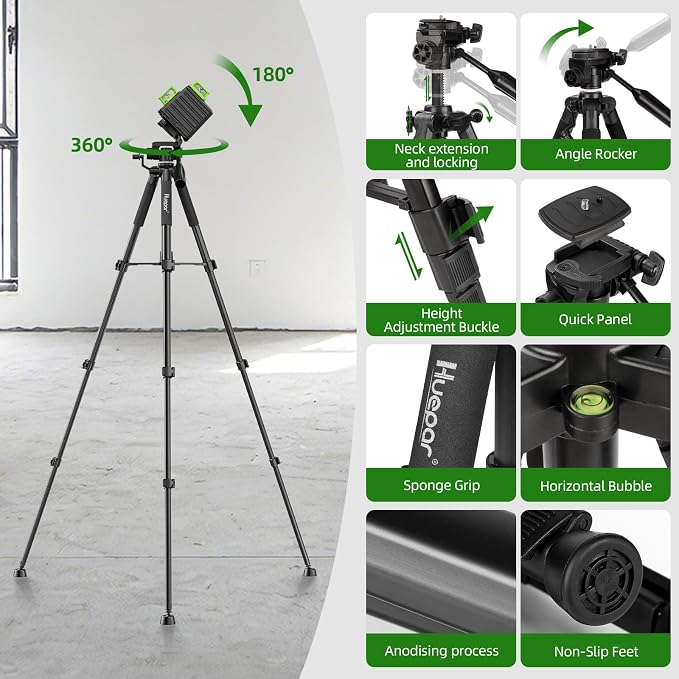 Laser Level 360 Self Leveling with 50" Tripod, Huepar 3x360° High Brightness Green Laser Leveler Tool for Construction, Tile and Picture Hanging, 5200 mAh Li-ion Battery & 2 Portable Bag Included