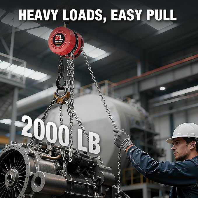 Big RED 1 Ton Hand Chain Hoist, 2000 Lbs Capacity, 8 ft Lift, Manual Chain Block with Safety Hooks for Warehouse, Automotive, Industrial Use
