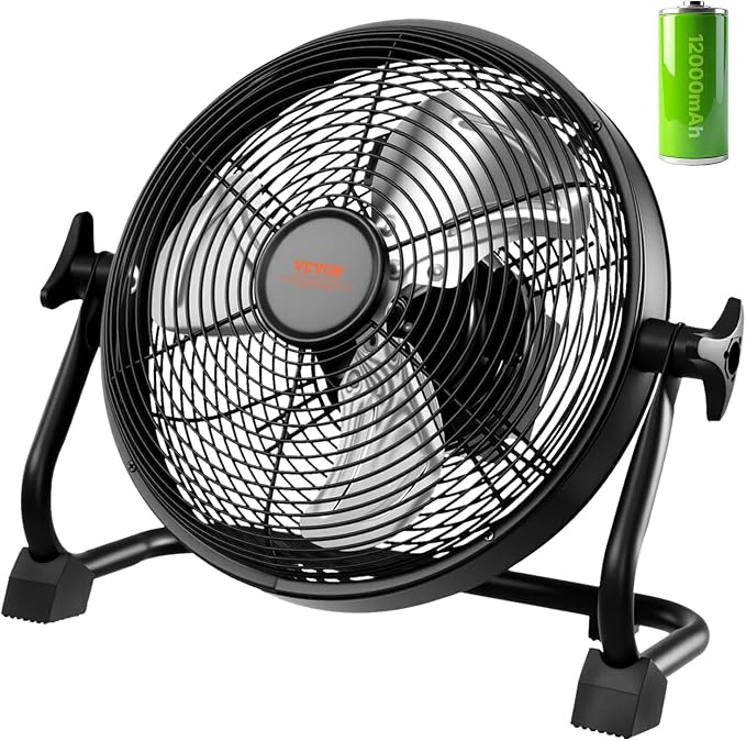 VEVOR 10 inch Rechargeable Battery Operated Camping Floor, High Velocity Portable Outdoor Fan with Metal Frame, Copper Brushless Motor, 360-degree Manual Rotation,for Fishing,Traveling, Picnicking