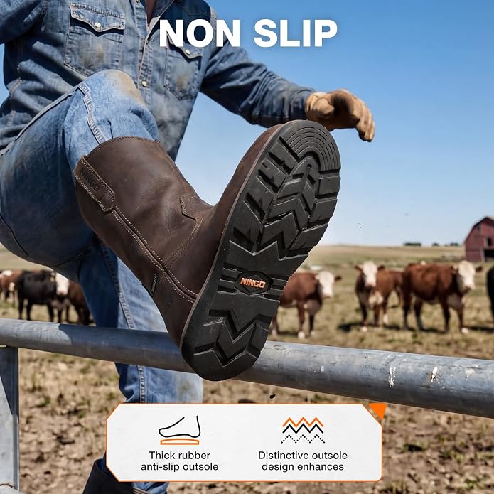 NINGO Soft/Steel Toe Work Boots for Men, Waterproof & Slip Resistant Wellington Leather Boots, Pull On Design, EH Protection with Goodyear Construction Shoes for Industrial, Farm & Welding