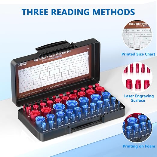 52PCS Thread Checker, Nut and Bolt Thread Checker, Thread Checker Kit in Standard and Metric (28 Standard & 24 Metric), Bolt Size Finder Checker Thread Gauge for Quickly Identify (52 Thread Checker)