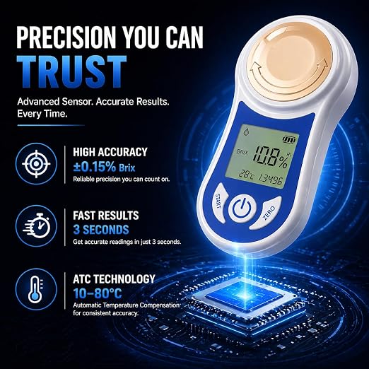 Digital Brix Refractometer 0-55% with ATC, ±0.15% Accuracy, 3-Second Results, Rechargeable Sugar Content Tester for Fruits, Juice, Home Brewing, Wine, Coffee