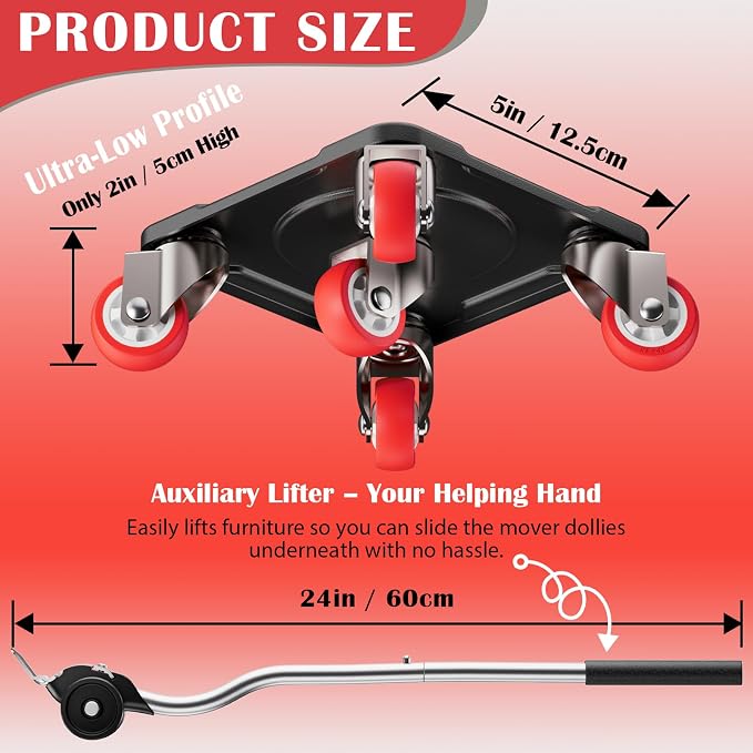 Heavy Duty Furniture Movers with 5-Wheel Dollies, Furniture Dolly Set with Lifter & Base, 360° Swivel Casters, Non-Slip Pads, Up to 2000 lbs Load Capacity
