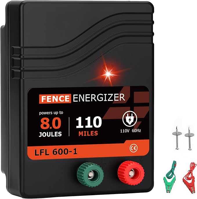 Electric Fence Charger AC Powered 110 Miles, 110 Volt 8 Joule Plug-in Electric Fence Energizer, Output Voltage Max 11.3 KV for Livestock, Preventing Predators from Intruding