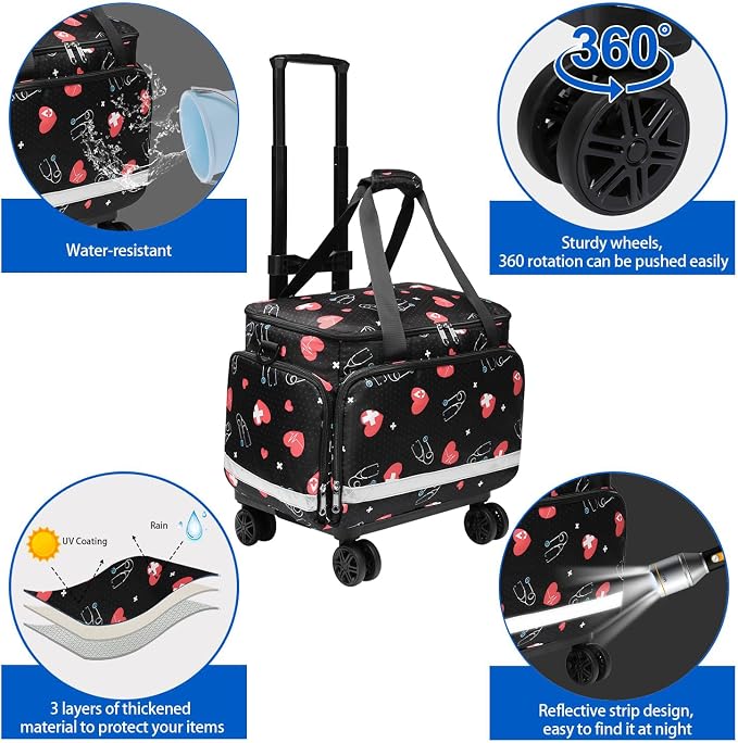 Medical Bag Rolling Roller Bag Trolley Duffel Nurses EMT CNA RN Empty for First Aid Responder Home Health Care Nursing Student Roll Duffle Bag Carry on Wheels Wheeled Work Physicians Doctor (HEART)