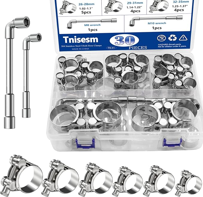 Tnisesm 30Pcs T-Bolt Hose Clamps, 6 Size 17-35mm Heavy Duty Radiator Hose Clamps Assortment Kit, 304 Stainless Steel Pipe Tube Clamps with M8 and M10 Socket Wrenches