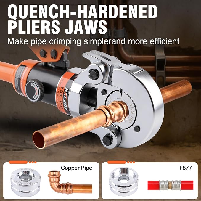 HZLZRZ Pro Press Copper and F877 PEX Crimper Tool Kit with 6 Dies for Copper Pipe 1/2" 3/4" 1" and PEX Press Sleeves 1/2" 3/4" 1", Professional Dual-System Crimping Tool for Plumbing (YQK/1632A)