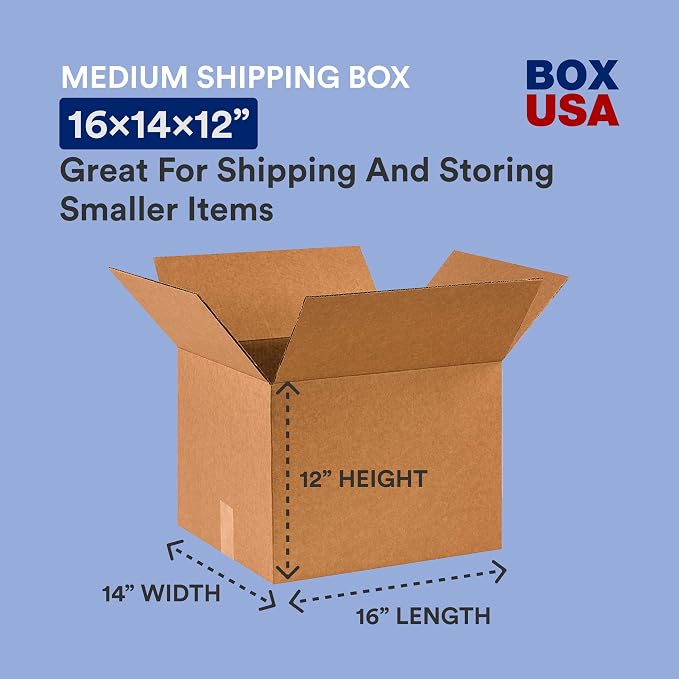 BOX USA Shipping Boxes 16"L x 14"W x 12"H, 25-Pack Medium Corrugated Cardboard Boxes for Shipping, Mailing, Packing, Packaging and Storage