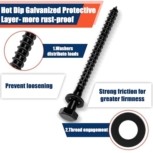 Tandefio 100 Pack 1/4''x 3' Hex Head Lag Bolts for Wood Ceramic Black Lag Screw Kit with Washers Heavy Duty Hot Dip Galvanized Coating Double Layer for Decks Fences