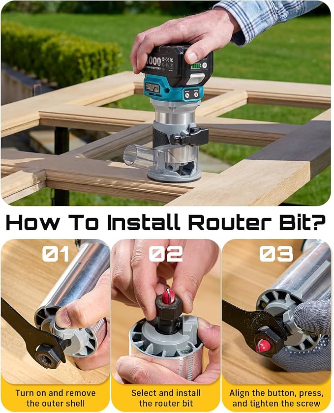 SEESII Cordless Wood Router, 21V Brushless Compact Palm Router with 2×4.0Ah Battery, Aluminum Base, LED Display, Dust Extraction, 6-Speed Adjustment & 8PCS 1/4"Router Bits, Trimmer for Woodworking