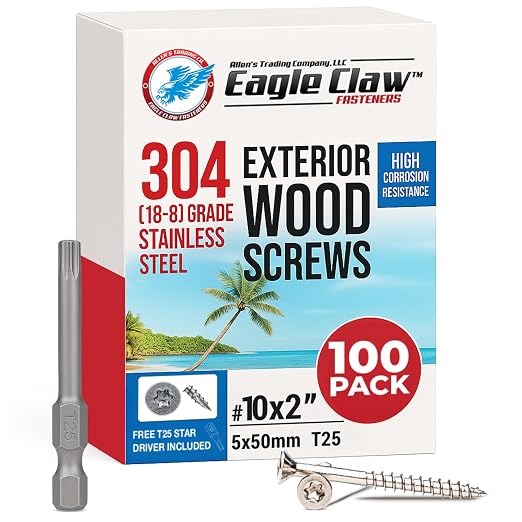 #10 x 2 Inch Stainless Steel Deck Screws | 304 Grade (100 Pack) | Flat Head T25 Star Torx Drive | Stainless Steel Screws by Eagle Claw Fasteners | Corrosion & Rust Resistant (Includes Driver Bit)