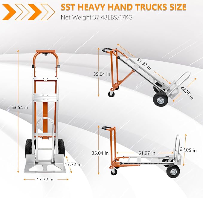 4 in 1 Convertible Hand Truck 1000LBS, Aluminum Folding Dolly Cart, SST Heavy Duty with Pneumatic Wheels & 4-Mode Switching for Moving, Warehouse, Construction, 51" Platform