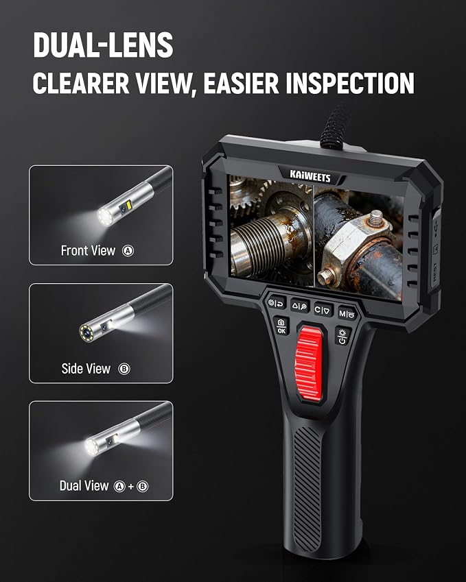 Dual Lens Two-Way Articulating Borescope Camera with Light, 0.25in Slim Probe, Industrial Endoscope Inspection Camera with Light, 5.3FT Flexible Snake Scope for Automotive, HVAC and Aircraft Mechanics