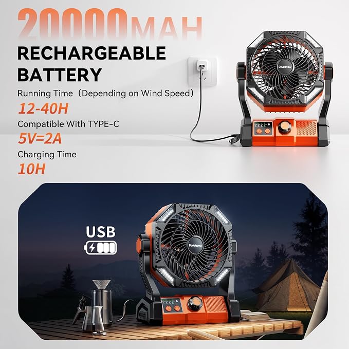 Doublepow 20000mAh Camping Fan with LED Light, Rechargeable Portable Table Fan, Upgrade Knob Adjustment 8 Speed with Remoter, Hook, Timer, Tent Fans for Fishing, Hurricane, Power Outage Essentials