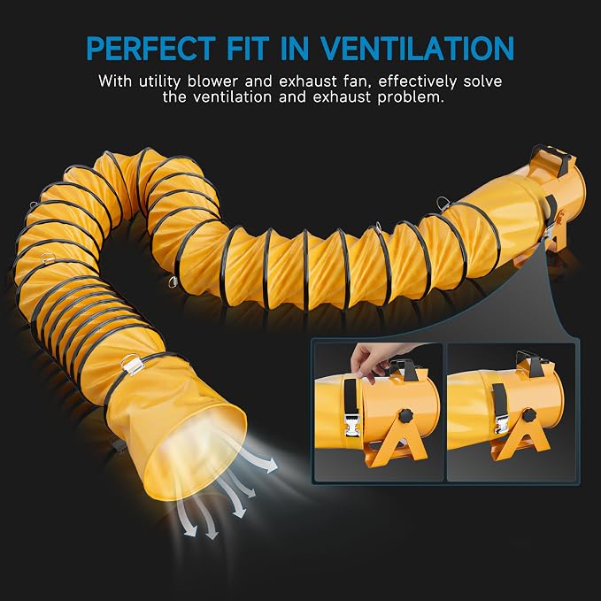 Hon&Guan 12 Inch PVC 25 FT Flexible Duct with Adjustable Rope and D-Shaped Rings, Suitable for Free Hanging and Utility Blower Exhaust Fan Support