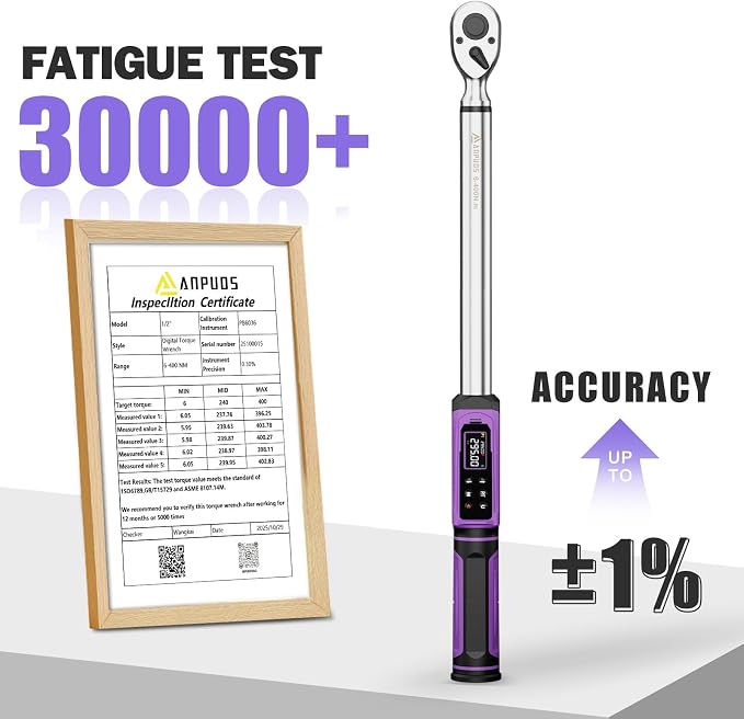 ANPUDS 1/2" Digital Torque Wrench, ±1% Accuracy, 4.43-295 Ft-lb | 9 Presets, 500 Data Storage, LED/Buzzer/Vibration Alerts, 5 Units, Color Display, Adapter & Extension for Auto Repair