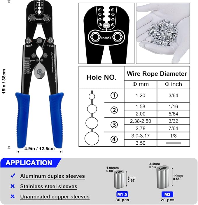 Sanuke Wire Rope Crimping Tool for 1/8 1/16 5/64 inch Aluminum Crimping Loop Sleeves Kit with 210pcs Aluminum Crimping Loop Sleeve and 10pcs Stainless Steel Thimble