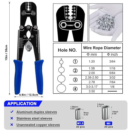 Sanuke Wire Rope Crimping Tool Kit, with 375pcs Wire Rope Aluminum Crimping Loop Sleeves, Crimping from 3/64-inch to 1/8-inch