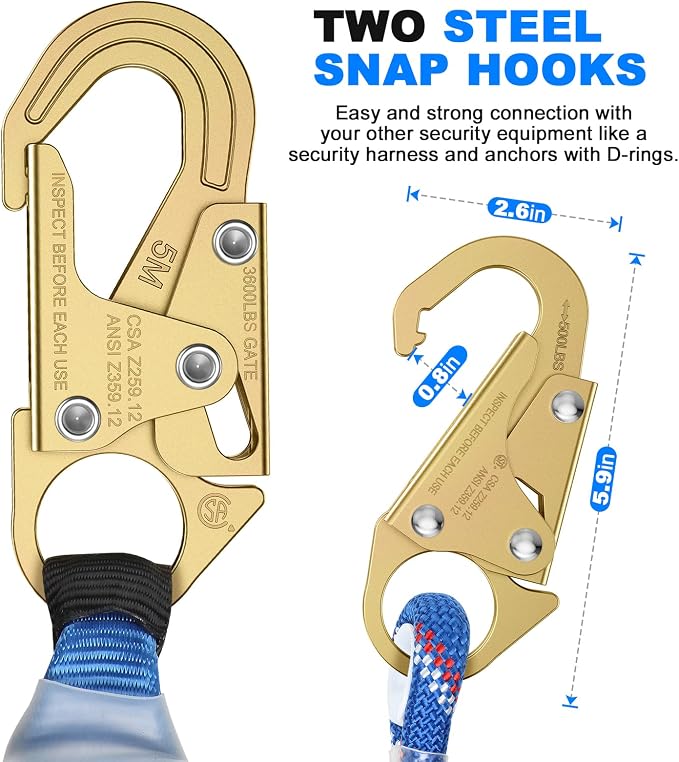 100FT Vertical Lifeline Assembly，Fall Protection Rope with Two Rope Grab Snap Hooks, Shock Absorber，Safety Climbing Equipment Roofing Safety Kit, CE ANSI