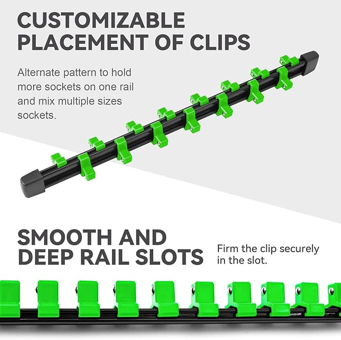 ALOANES 12PC Socket Organizer, Socket Rails Fit 1/2", 1/4" and 3/8" Drive | Portable Heavy Duty ABS Socket Holders Hold up 172 Sockets for Toolbox Drawer Bags(Green)
